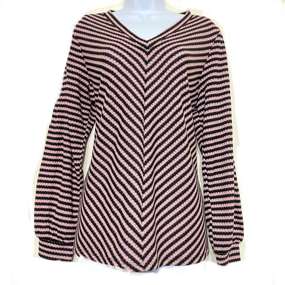 Workshop Republic sweater PINK & BLACK v-neck striped long bishop sleeve size L